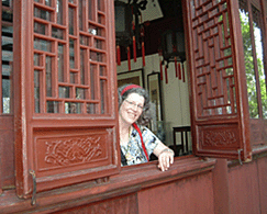 Mary Lou Heiss in a teahouse