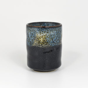 Japanese Black Teacup with Cobalt & White Flowing Glazes