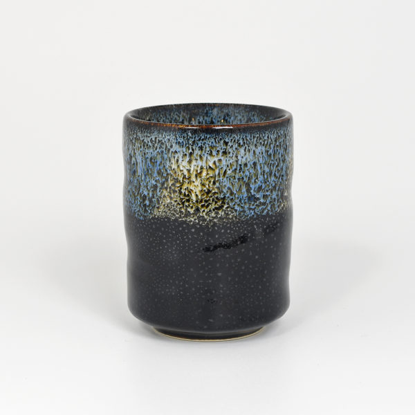 Japanese Black Teacup with Cobalt & White Flowing Glazes