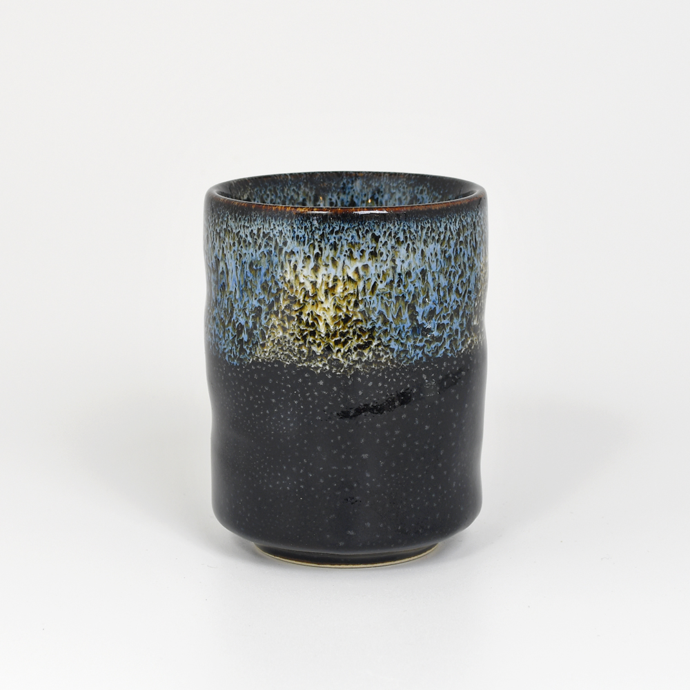 Japanese Black Teacup with Cobalt & White Flowing Glazes