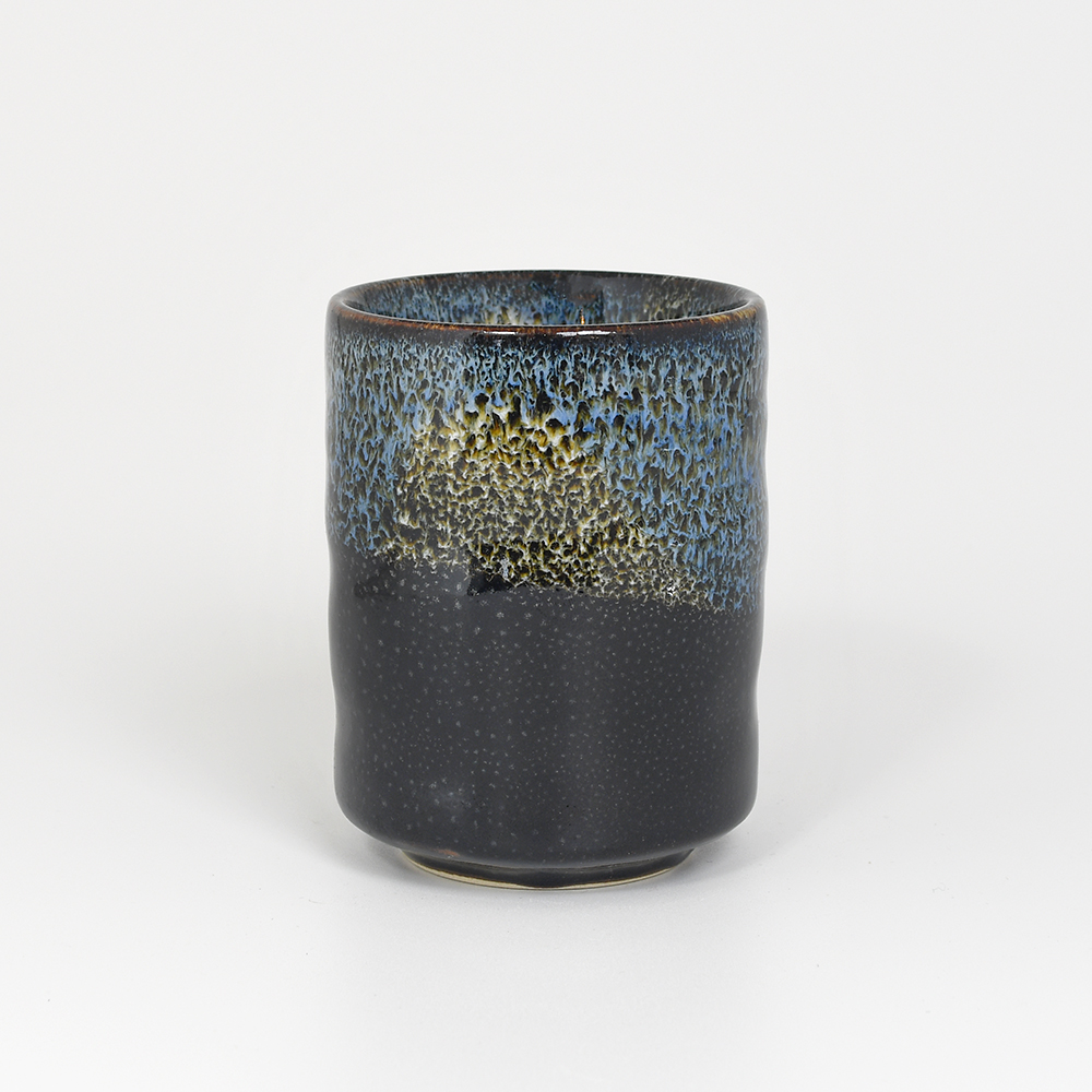 Black Teacup with Cobalt & White Flowing Glazes - Image 2