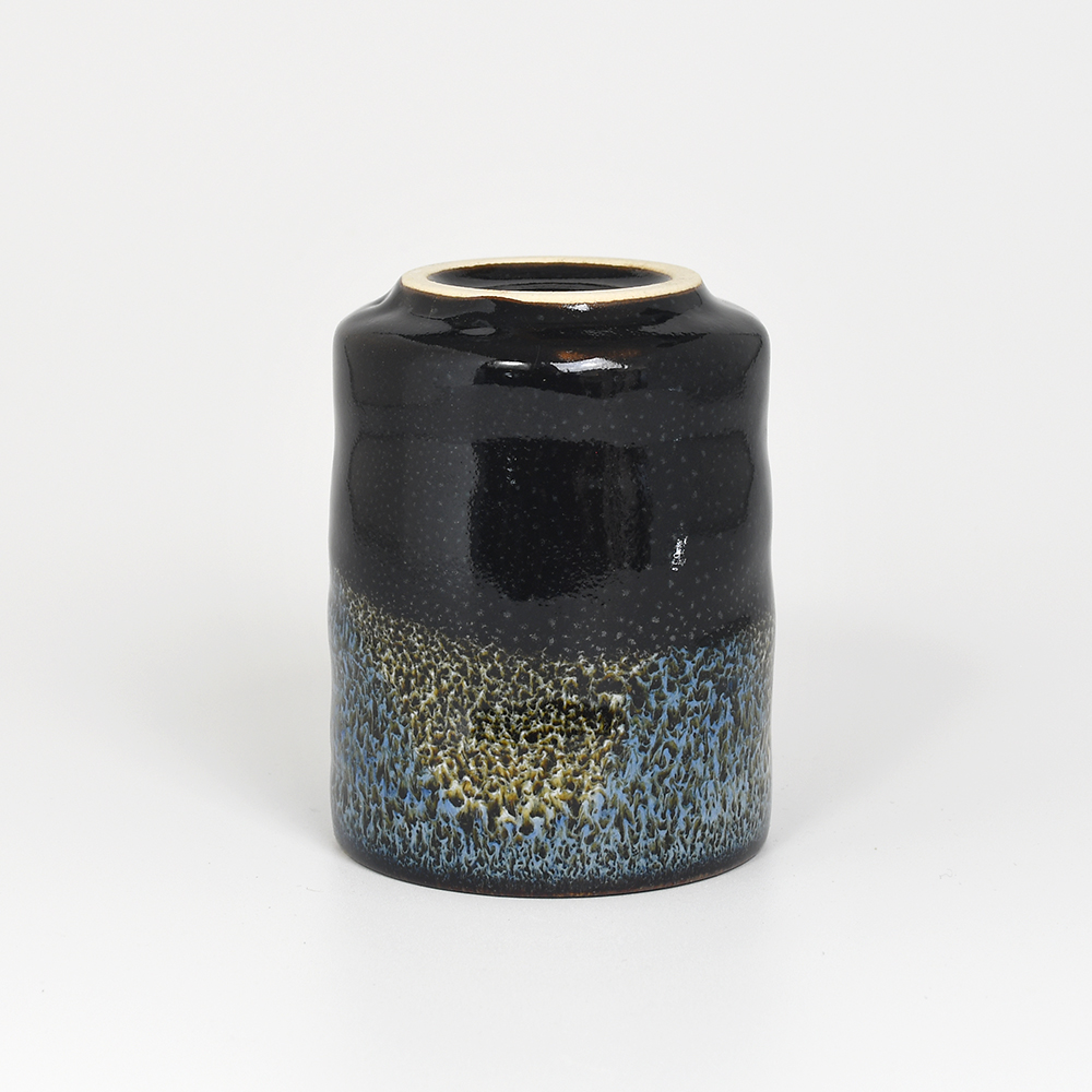Black Teacup with Cobalt & White Flowing Glazes - Image 3